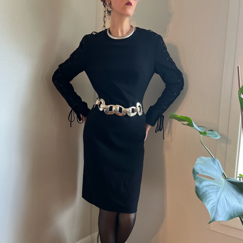 Louis Feraud Vintage 90s Long Sleeve Black Dress w/ Lace-Up Sleeves - Picture 6 of 9